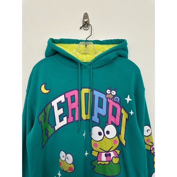 Keroppi Sanrio Pullover Hoodie Sweatshirt Fleece Turquoise Green Women's Medium - Picture 3 of 8